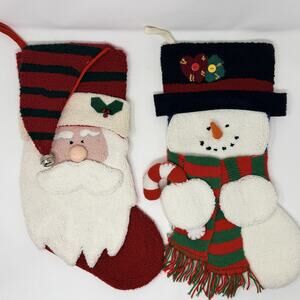 VTG Snowman & Santa Christmas Stocking Red Green Frosty Needlepoint 18" Set 2
